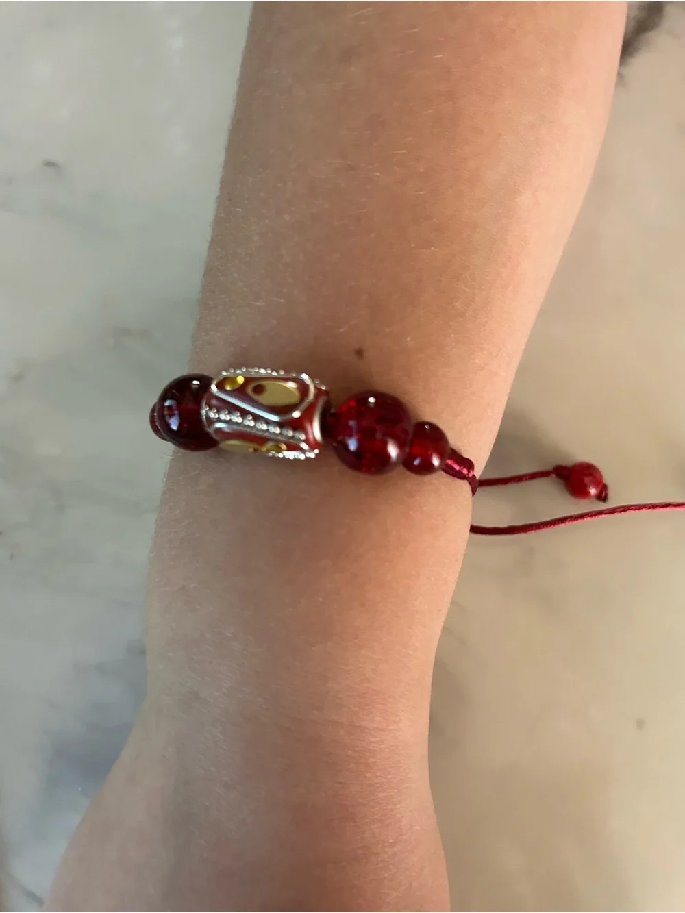Red Beaded Adjustable Bracelet with Gold Accent